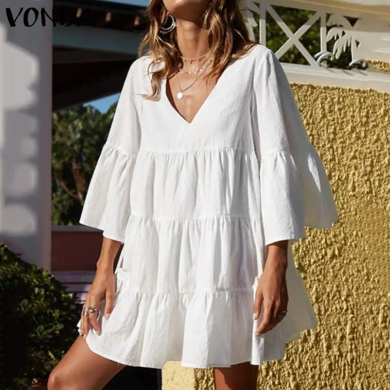 

VONDA Women Bohemian Dress 2019 Summer Vintage V-Neck 3/4 Flare Sleeve High Waist Party Mini Dress Beach Sexy Vestido Plus Size