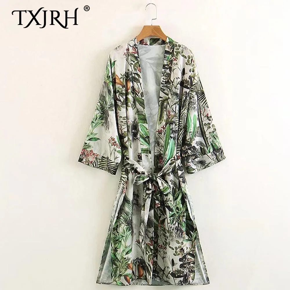 

TXJRH Vintage Green Ethnic Tropical Floral Leaf Long Kimono Cardigan Blouse Sashes Shawl Tied Bow Side Split Hem Shirt Women Top
