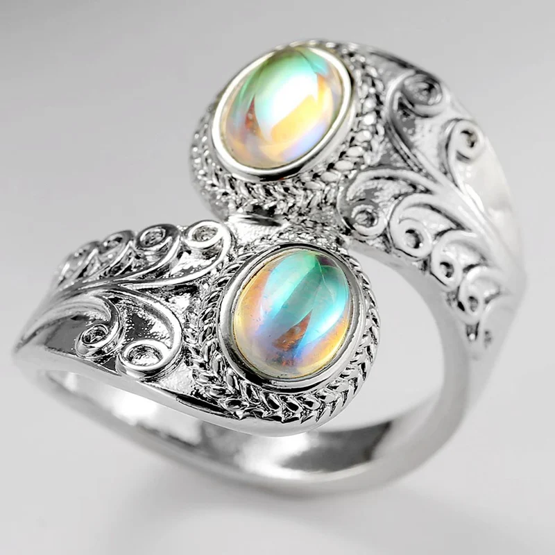 

2019 European And American Gold Color Rose Tree Leaf Natural Moonstone Stone Silver Ring Women Fashion Jewelry Ring
