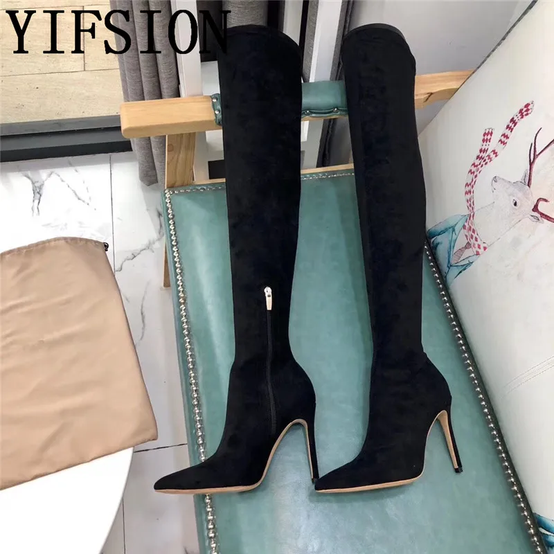 

OLOME New Black Suede Women Over the Knee Boots Sexy Pointed Toe Side Zip Thin High Heel Women Autumn Winter Boots Shoes Woman