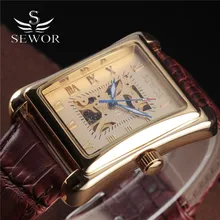 Reloj de esqueleto de oro antiguo para hombre de marca de lujo SEWOR, relojes de pulsera mecánicos de cuerda a mano, reloj de cuero Vintage, reloj Masculino