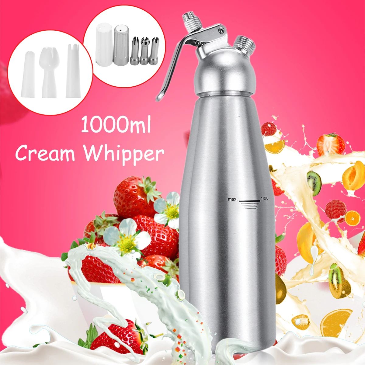 1000ml Solid Aluminium Whipped Cream Dispenser 3 Nozzles Foam Maker