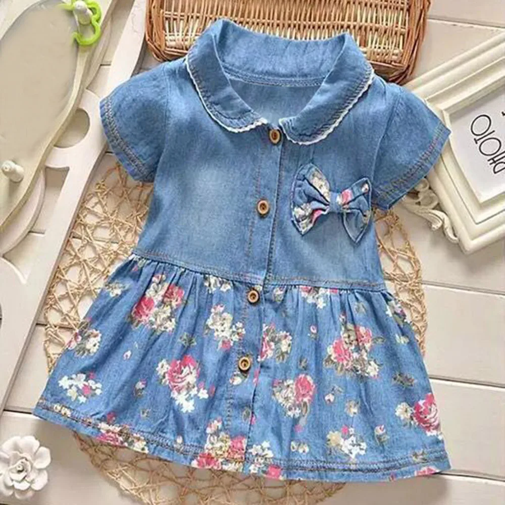 

New Fashion 2019 Children's Clothing Dresses Toddler Baby Girls Floral Print Bowknot Short Sleeve Princess Denim Dress #40