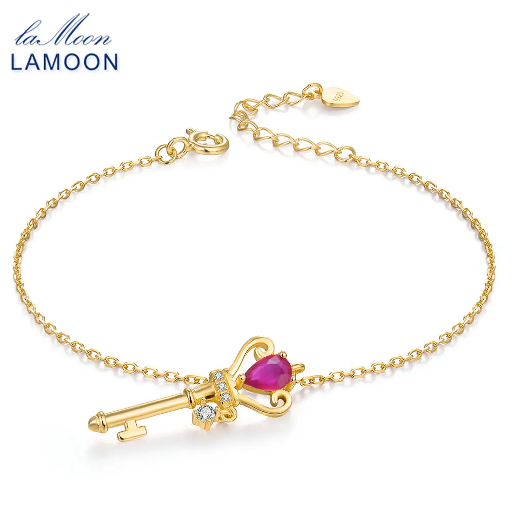 

LAMOON Crown Key 100% Natural Gemstone Ruby Bracelets & Bangles 925 Sterling Silver Fine Jewelry For Women LMHI034