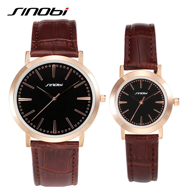 

SINOBI Couples Watches Brown Leather Business Women and Men Watches For Lovers 2018 Alloy Waterproof Gold Female Wristwatches