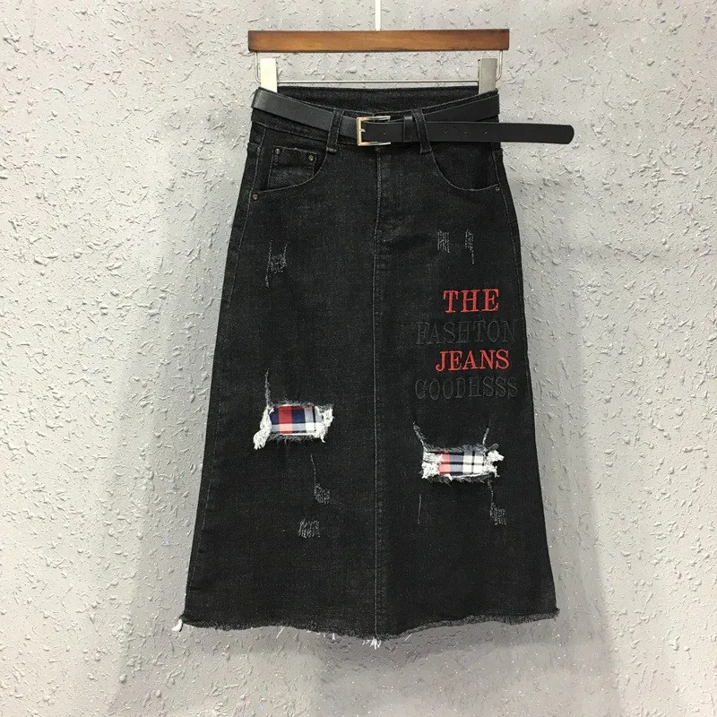 Большие размеры 2XL Для женщин джинсы юбки джинсовые женские патчи узор вышивки рваные юбки джинсы Повседневное юбка-трапеция