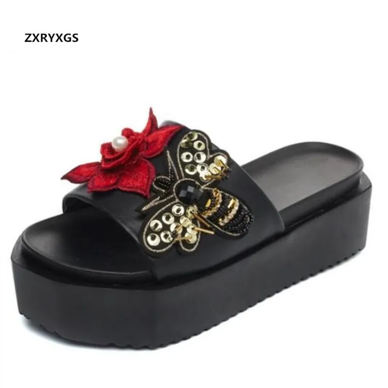 

New Sequins Flower Genuine Leather Shoes Women Sandals 2018 Summer Platform Wedges Women Slipper Comfortable Fashion Shoes Woman