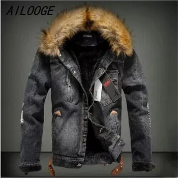 

AILOOGE New Winter Fashion Men Woolen Denim Jacket With Fur Collar Oversize Casual Jeans Jacket Plus Size Velvet Outwear Coat