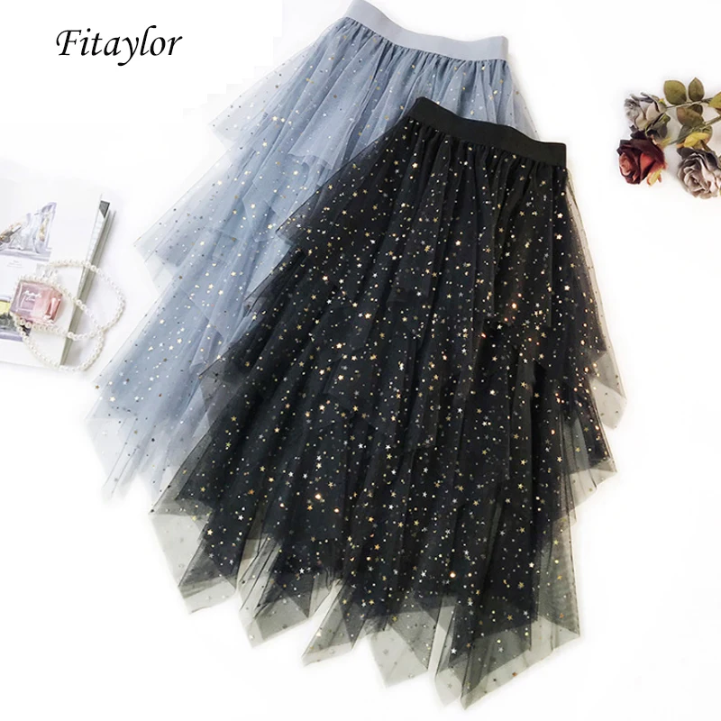 Fitaylor 2019 Весна тюль юбки для женщин Высокая талия Bronzing Hem Асимметричная сетчатая