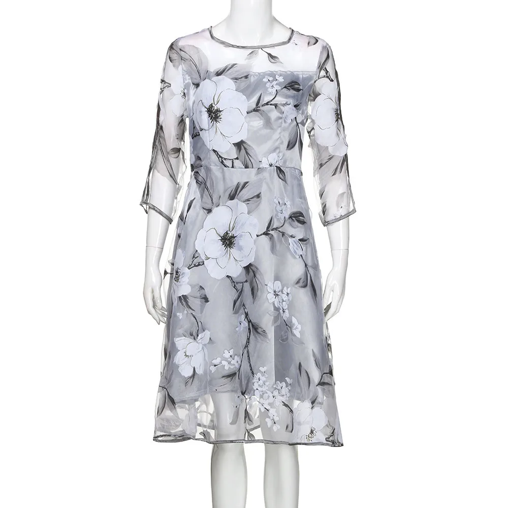 JAYCOSIN женское летнее платье из органзы с цветочным принтом, Свадебное бальное платье на выпускной, Новое Элегантное повседневное платье 4 - Цвет: gray