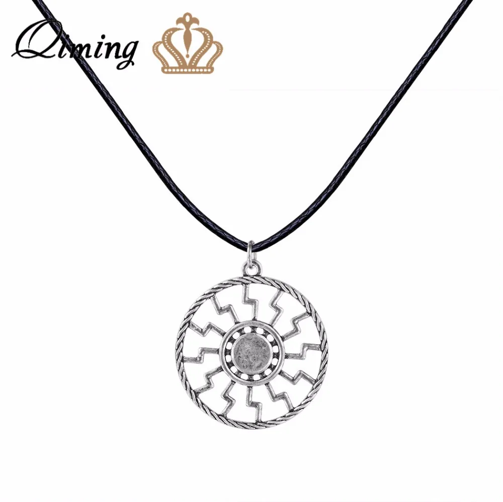Goede QIMING Zwart Lederen Ketting Slavische Amulet Zwarte Zon Symbool Hanger Pagan Sieraden Geometry Charm Hanger Mannen Ketting Collier