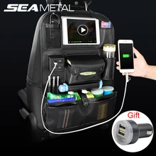 Автомобильный органайзер, сумка на спинку сиденья, USB зарядное устройство, для хранения телефона из искусственной кожи, для путешествий, многофункциональная, карманная, для хранения вещей, авто аксессуары