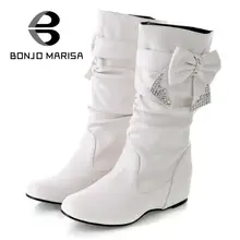 Große größe 34-43 Mode Frauen mittler-kalb Stiefel Süß Strass Bowtie Schuhe Versteckte Keile Frühjahr Herbst Schuhe Winter Stiefel