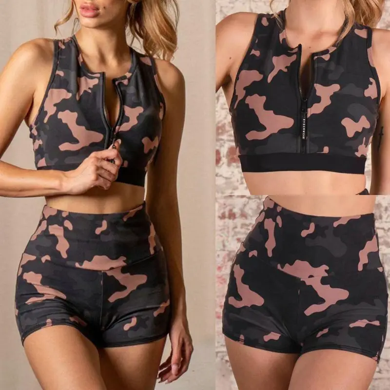 

Women 2 Pieces Tracksuit Set Sportswear Zippered Sleeveless Croped Top + Shorts Jogging Short Pant Gym Outfits