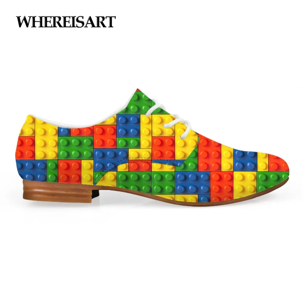 

WHEREISART 2019 Fashion Women Oxford Flat Shoes Tetris Printed Lace Up Casual Leather Shoes for Female Ladies Flats