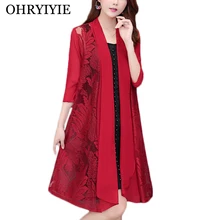 OHRYIYIE размера плюс 5XL тонкий длинный женский кардиган весенний летний Повседневный вязаный свитер с цветочным принтом женская верхняя одежда пальто