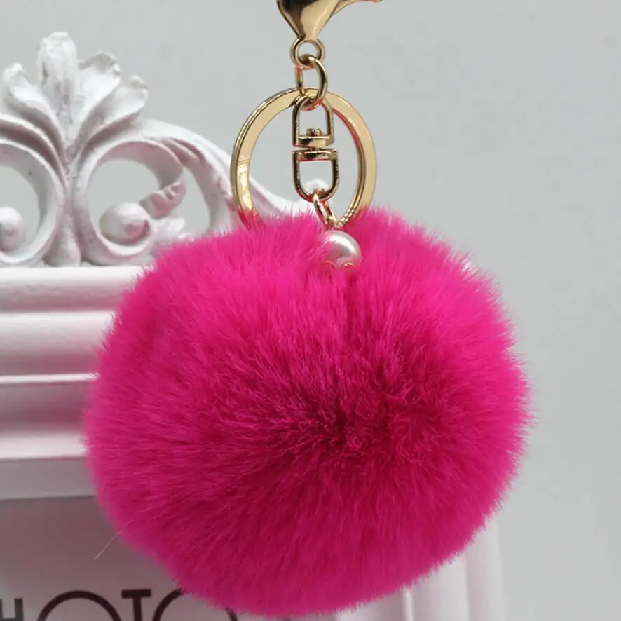 

Big faux Pearl Rabbit Fur Ball Keychain handBag Ring Plush porte clef Artificial fur PomPom key chain Ornament pom pom Pendant