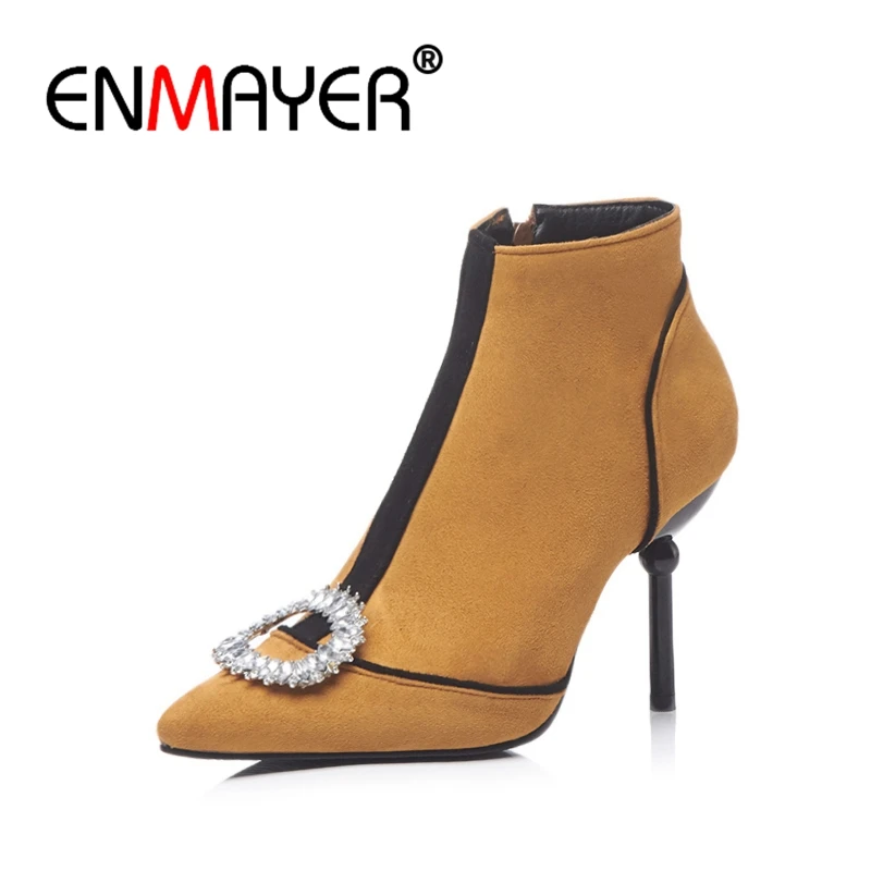 

ENMAYER Women Ankle boots Rhinestone Pointed Toe High heels Short boots Flock Winter boots Thin heel Zipper Shoes woman CR1210