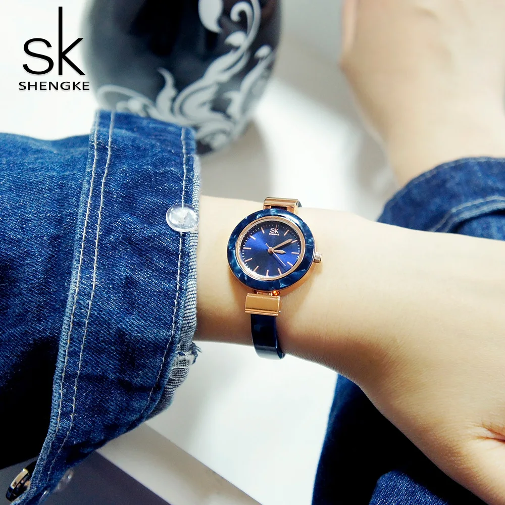 

Shengke Women Watches Bangles Fashion Wristwatch Ceramic Chain Style Dress Watch Women Creative Blue Jewelry Clock Montre Femme