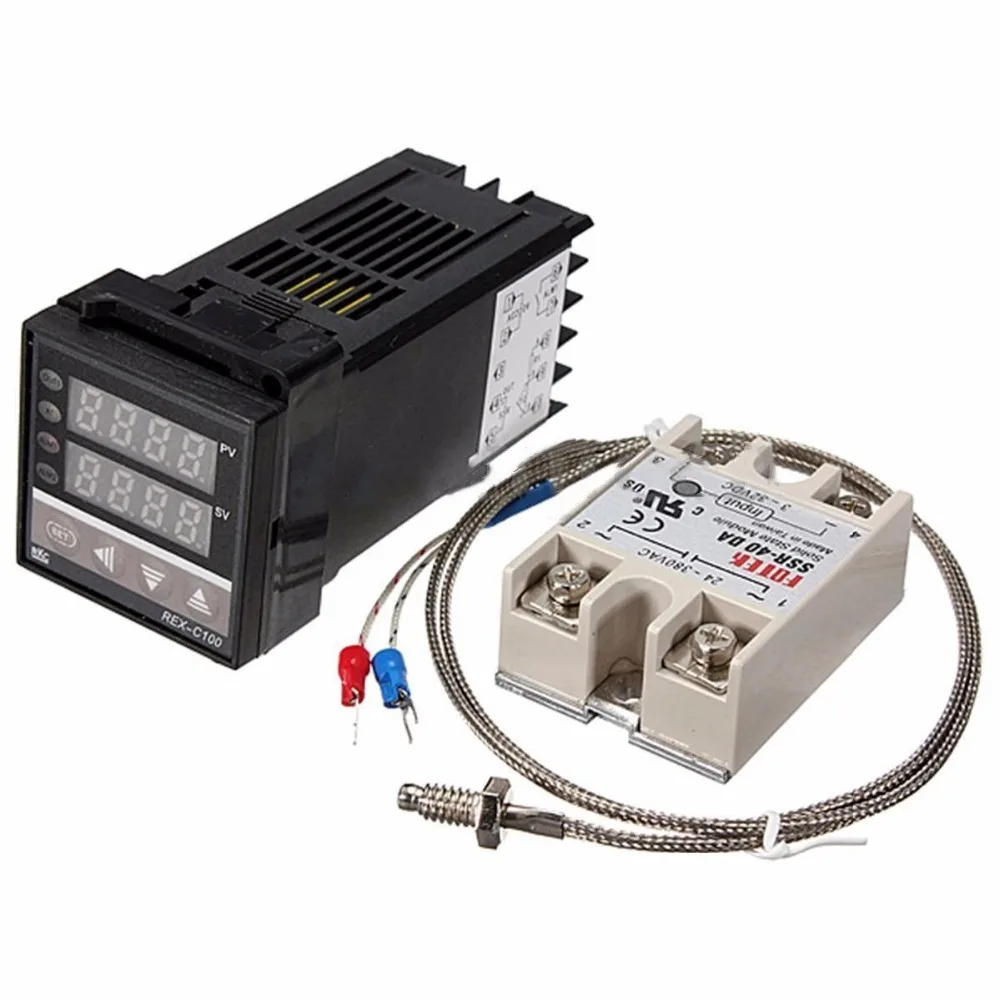 Цифровой 220 в PID REX-C100 регулятор температуры+ max.40A SSR+ K термопара, PID контроллер комплект+ радиатор