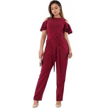

Fashion Summer Plus Size 4XL 5XL 6XL Solid Black RedWine Jumpsuits Sashes Ruffles Short Sleeve Women Rompers Overalls Large Size