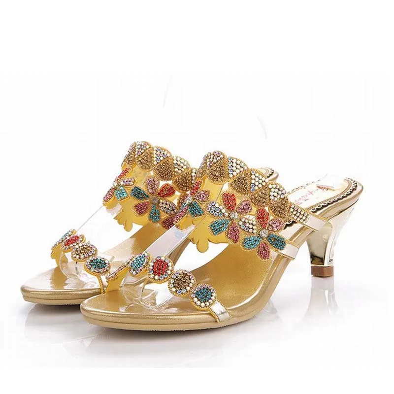 

2016 women crystal flowers med high heels sandals ladies colorful rhinestone slippers comfortable ladies gladiator summer shoes