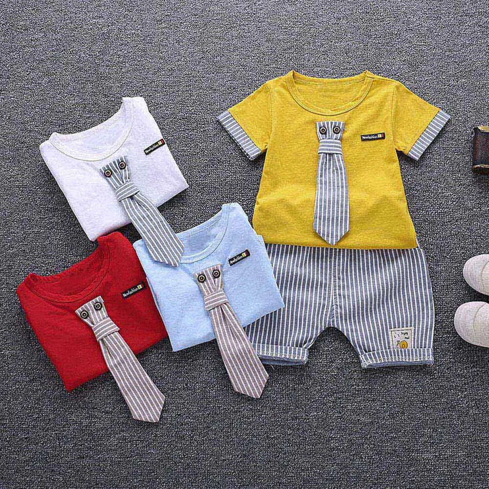 

Baby Boy Summer Clothes 2Pcs Infant Baby Kids Striped Boys Letter Tie Tops+Shorts Outfits Clothes Set Vetement Enfant Garcon2019