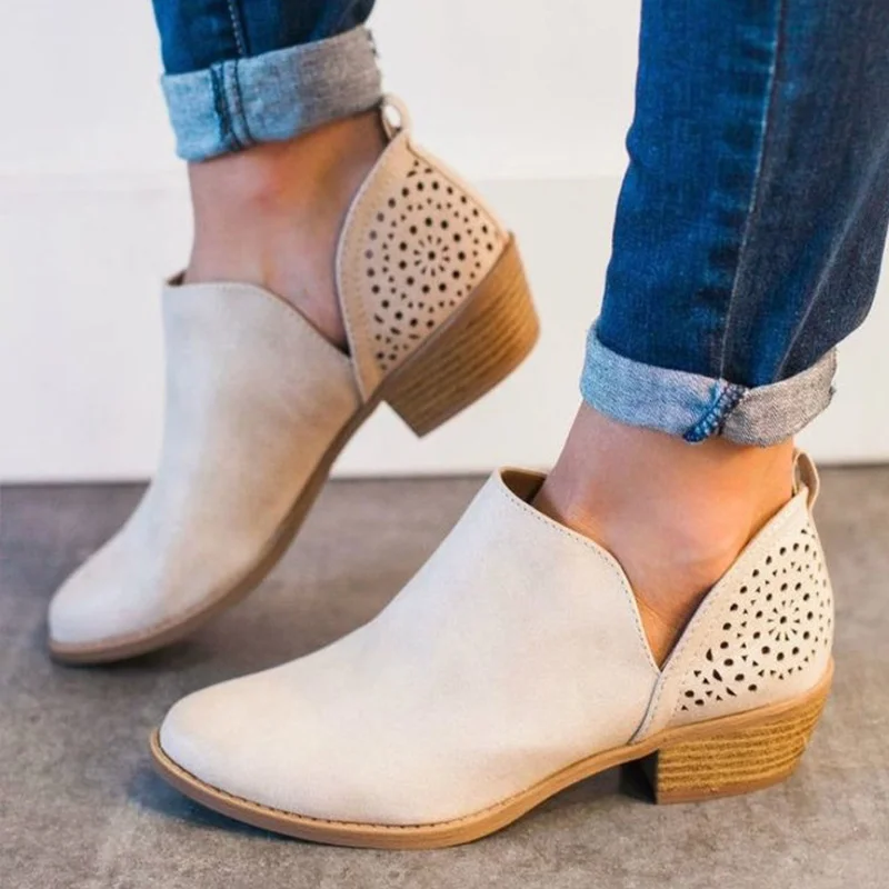 

MCCKLE Women Ankle Boots PU Hollow Out Autumn Slip On Chunky Heels Ladies Fashion Casual Comfort Female Shoes Plus Size 35-43