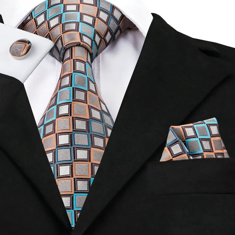 Mens Tie Brown Blue Geometric Silk Jacquard Neckties Hanky Cufflinks Set Business Wedding Party
