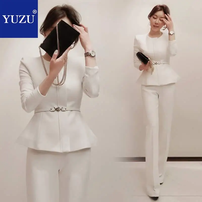 White Pants Suit Women Winter Suits Zipper Office Two Piece Set With Belt Jacket+ High Waist Wide Leg Pants Set Blazer Sets
