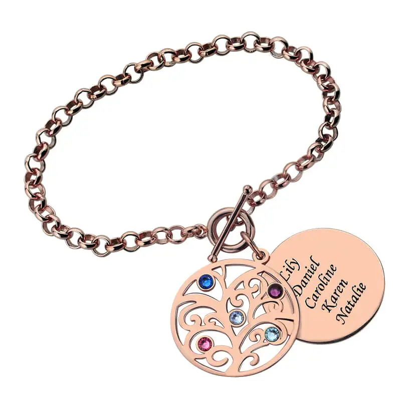 

Engraved Family Tree Bracelet with Birthstones Rose Gold Disc Mother&Birthstone Bracelet Family Tree Jewelry