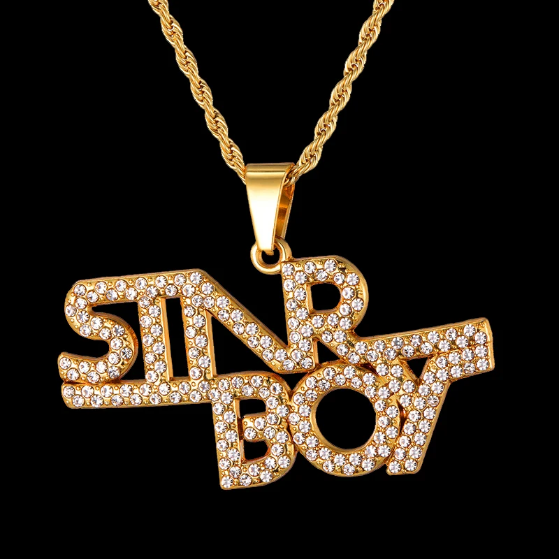 US7 золотой цвет буквы слова Bling Полный Rhinestoned Iced Out Веревка Цепи подвески и ожерелья для мужчин хип хоп ювелирные изделия