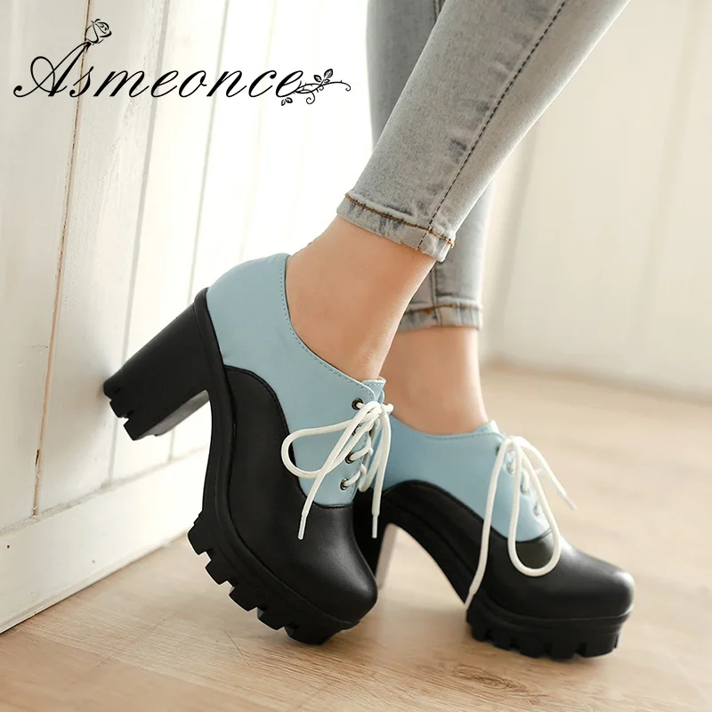 

Women Ankle Boots Lace Up Leather Round Toe Thick High Heels Platform Female Lady Short Boot Mixed Color Casual Shoes 43