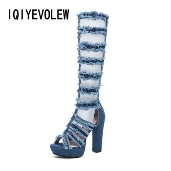 

Knee High Gladiator Sandals Women Block High Heel Platform Open Toe Denim Summer Outdoor Boots Shoes Zipper Plus Size Pumps