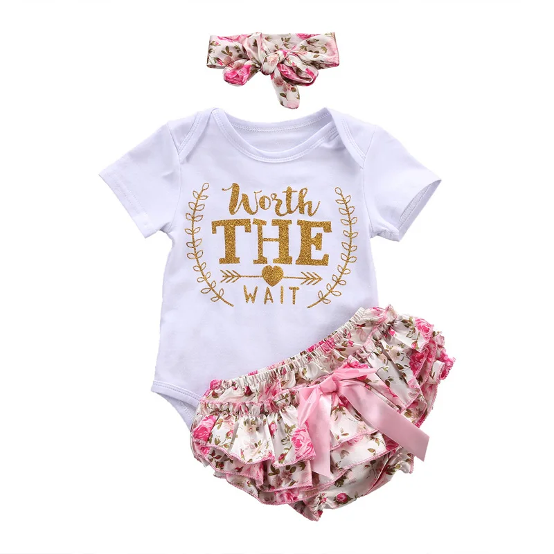 

3pcs Set Newborn Baby girls clothing Worth The Wait Bodysuit+Ruffles Tutu Skirted Shorts+Headband Infant Girls Clothing outfit