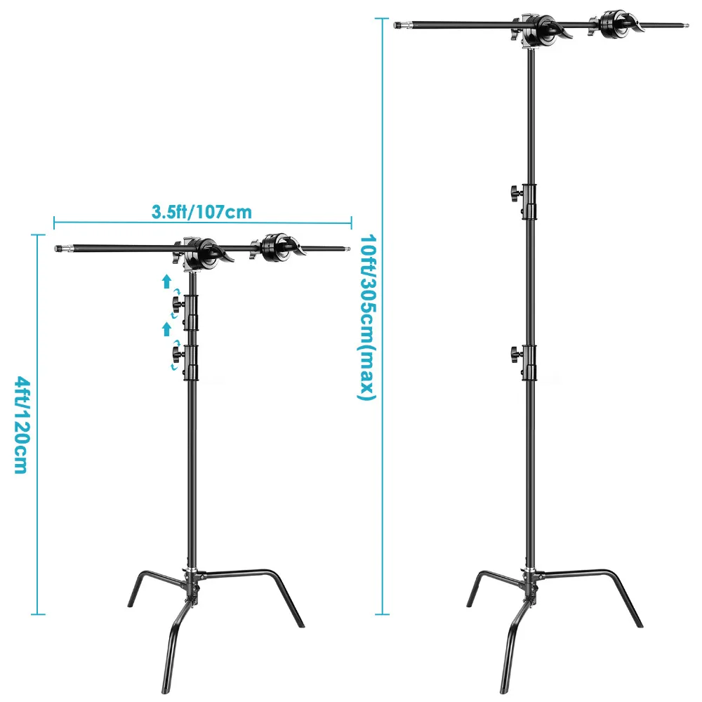  Neewer Photo Studio Heavy Duty 10 feet Adjustable C-Stand 3.5 feetHolding Arm 2 Pieces Grip Head fo