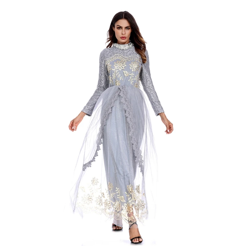 

Elegant Lace Mesh Patchwork Muslim Abaya Wedding Party Dress Full Sleeve Stand Collar Female Abaya Long Dress Arabic Dress