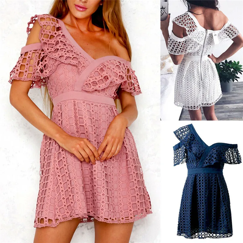 

Women's Summer Boho Short Sleeve One Shoulder Irregular Collar Lace Mini Dress Party Cocktail Casual Dresses Beach Sundress