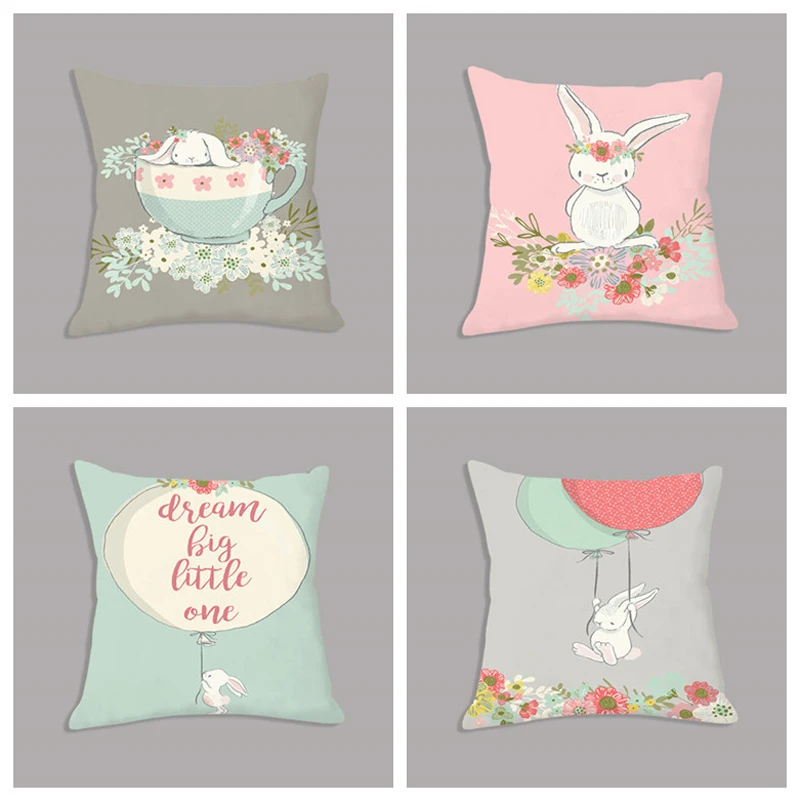 

Cute Rabbit Balloon Printed Cartoon Pillowcase Throw Pillow Case 45x45cm Nordic Cushion Cover Sofa Kids Room Decoration