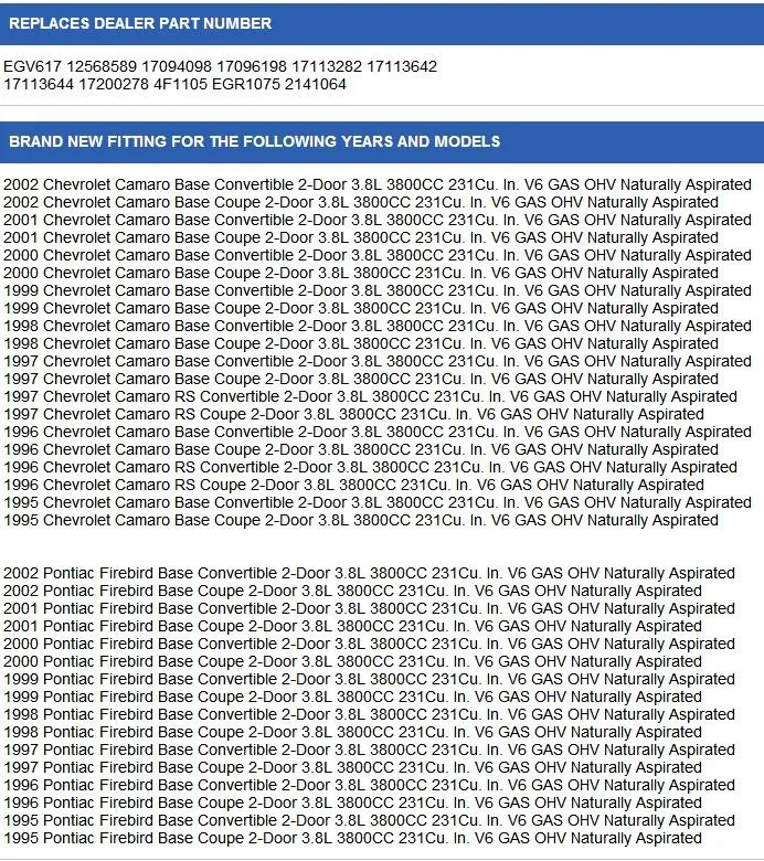 Клапан EGR для детей ростом 95-02 Chevy Camaro Pontiac Firebird V6 3.8L EGV617 12568589 17094098 17096198 17113282 17113642 17113644