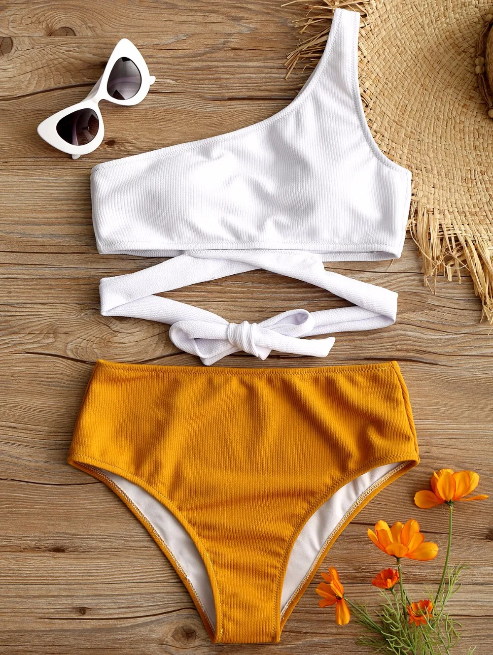 

ZAFUL Sexy Swimwear One Shoulder Two Tone Bikini Set Bathing Suit Wire Free Padded High Waisted Swimsuit Beach Suit Beach Wear