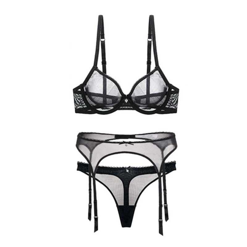 Varsbaby women' sexy transparent unlined underwear underwire plus size bra sets 3 pcs/lots bra and panty