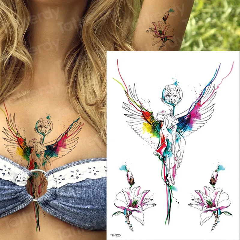 Татуировки и боди-арт moose татуировки водного цвета сексуальные тату Женщины бюст назад лето татуировки акварельные Крылья Ангела искусственные татуировки девушки