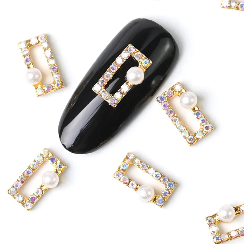 

2019 NEW 10 pieces rectangle crystal bright pearl nail rhinestone alloy Nail Art decorations glitter DIY 3D nail jewelry pendant