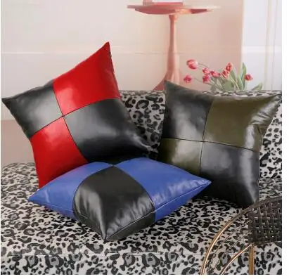 colorblock pattern PU leather cushion cover lumbar pillowcase sofa pillow for backrest indoor | Дом и сад