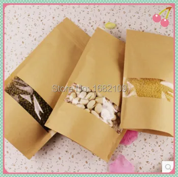 

18cm*30cm,100pcs/lot,stand up Zipper/zip lock Kraft paper bag with window PE inside kraft bag for food free shipping
