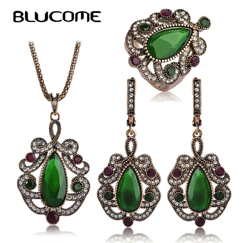 

Blucome Vintage Turkey Flower Necklace Earrings Rings Jewelry Sets Resin Alloy Women's Party Banquet Wedding Decoration Gifts