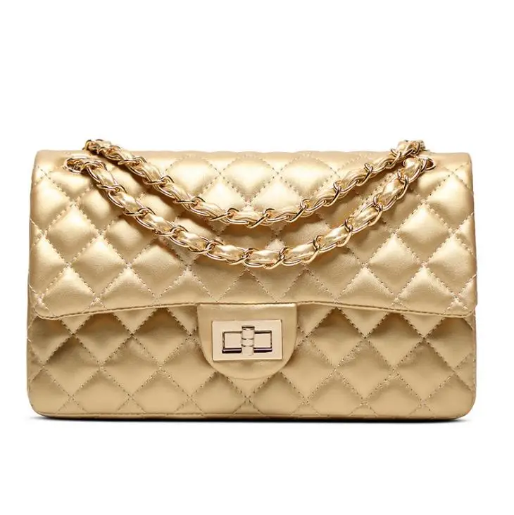 Ragcci роскошная классическая женская сумка с золотыми цепочками, модная брендовая сумка из искусственной кожи, Сумка с ромбовидной решеткой, женская сумка через плечо, B - Цвет: Золотой