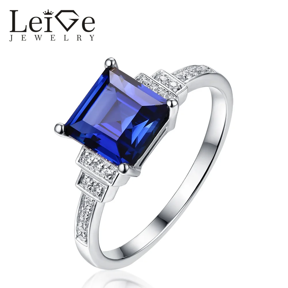 Leige Jewelry Sapphire Ring Blue 925 Sterling Silver Square Cut Promise