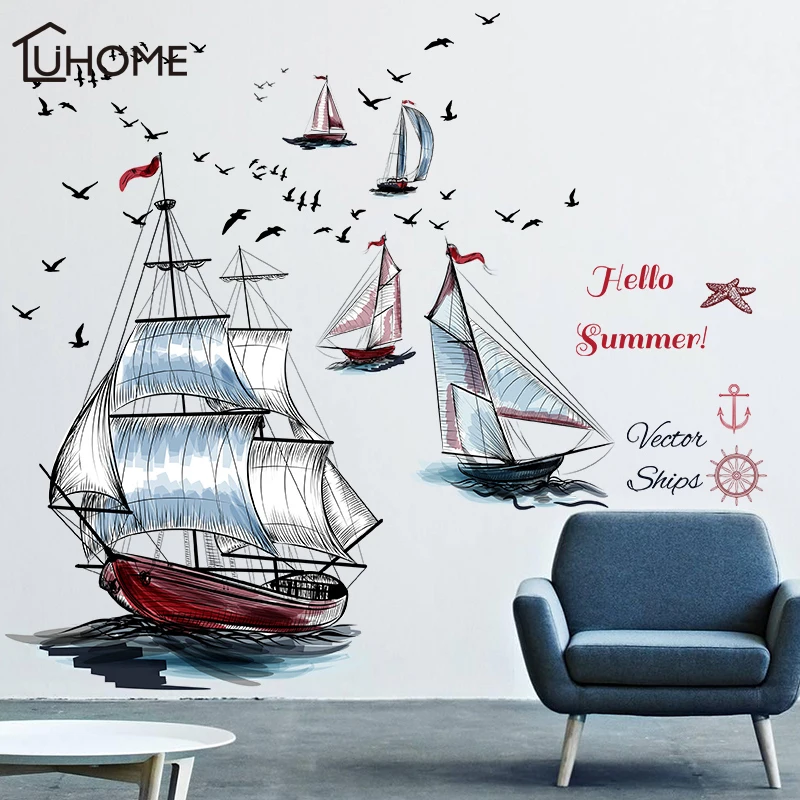 

Modern Sailboat Ship Seagull Landscap Wall Stickers for Living Room Bedroom Removable Art Decal Mural DIY Poster Room Decoration